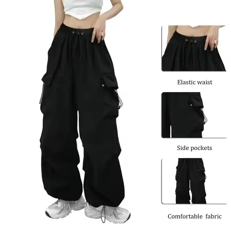 2025 Cargo Pants Women Retro Workwear Casual Baggy Straight Trousers Fashion Wide Leg Pockets Joggers Trousers Y2k Streetwear