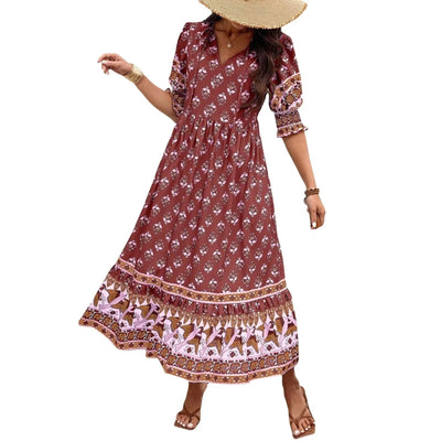 dresses for women Fashion summer Casual long dresses Bohemian V-Neck Printed High Waisted Big Swing Dress vestidos cortos