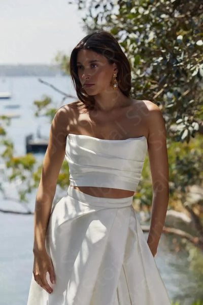 Beach Wedding Dresses Boho Bridal Gowns Summer Two Pieces Bride Dress 2024 Thigh Split Wedding Gown Strapless Sleeveless On Sale