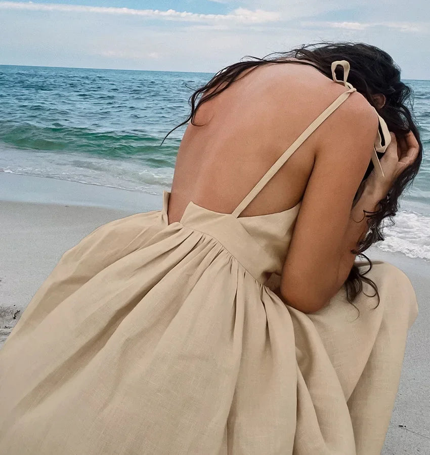 Cotton Linen Solid Color Spaghetti Strap Dresses Women Fashion Leace-up V-neck Backless Beach Vacation Long Dress Female New