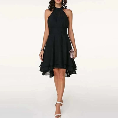Women Elegant Dress Summer Solid High Waist Halter Sleeveless Midi Dresses Ladies Cropped Layered Chiffon Party Slim Dresses