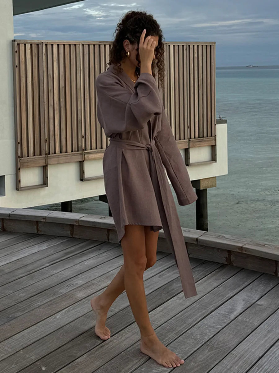 Elegant Cotton Linen V-neck Beach Dress 2025 Spring and Summer Women Fashion Soft Comfortable Loose Lace Vacation Casual Dress