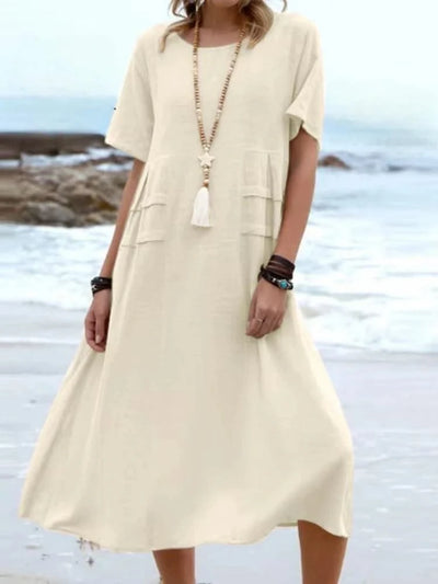 2025 Summer Fashion New Women's Elegant Long Cotton and Hemp Dress Round Neck Vacation Short Sleeve Medium Long Dress