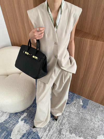 Spring and Autumn Women's Casual Solid Color Loose Jacket+V-neck Vest+Wide Leg Pants Set