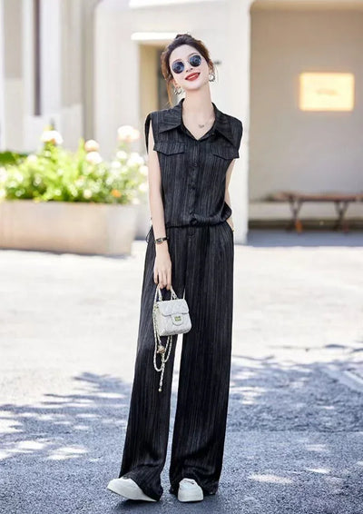 Wear To Work Shirt Ladies Trouser Black Women's Blouse and Pants Two Piece Set Professional Wide Leg Office Baggy Stripe Outfit
