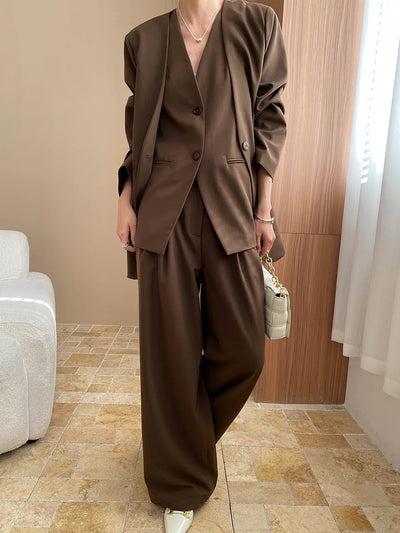 Spring and Autumn Women's Casual Solid Color Loose Jacket+V-neck Vest+Wide Leg Pants Set