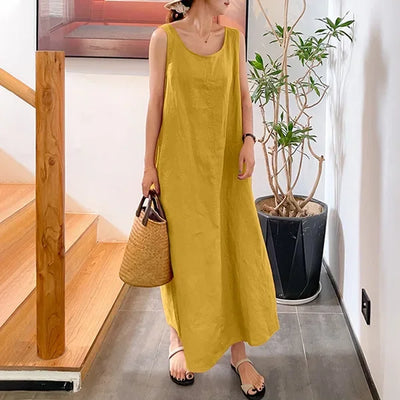 Fashion Casual Boho Dress For Women Summer Elegant Sleeveless Sundress Solid Beach Party Loose Dresses Robe Femme New Vestidos
