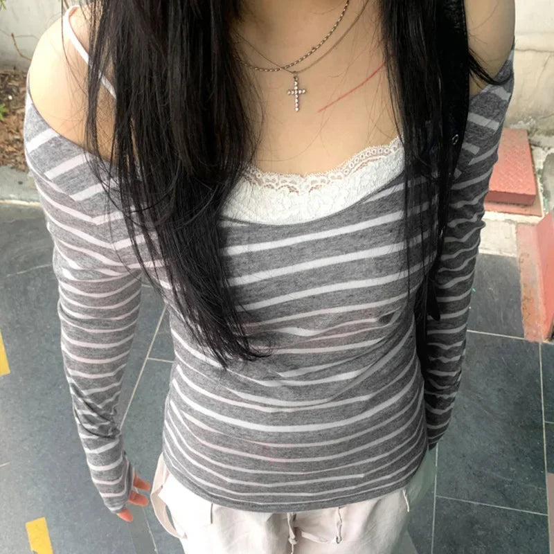 Sexy Slash Neck Knitted Smock Women Vintage Slim Thin Long Sleeve All-match Femme Clothing Aesthetic Streetwear Tops