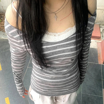 Sexy Slash Neck Knitted Smock Women Vintage Slim Thin Long Sleeve All-match Femme Clothing Aesthetic Streetwear Tops
