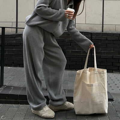 2025 Autumn Street Outfits Knitted Cardigan Pants Sets Women Single Breasted Lapel Sweater High Waist Wide Leg Trousers Suit