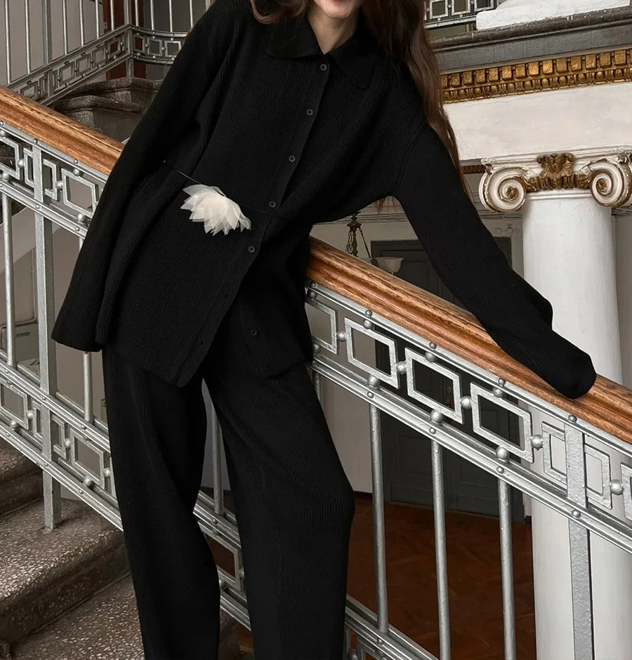 2025 Autumn Street Outfits Knitted Cardigan Pants Sets Women Single Breasted Lapel Sweater High Waist Wide Leg Trousers Suit