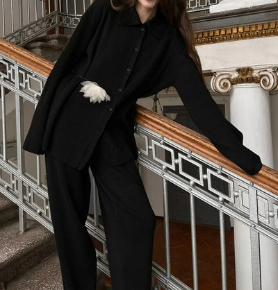 2025 Autumn Street Outfits Knitted Cardigan Pants Sets Women Single Breasted Lapel Sweater High Waist Wide Leg Trousers Suit