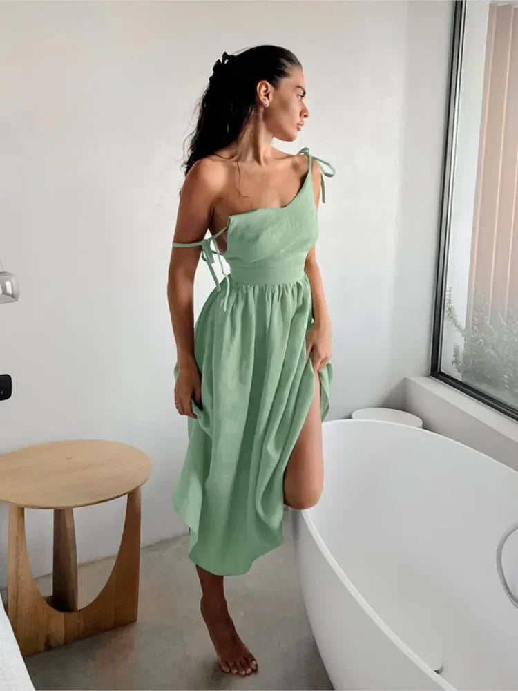 Cotton Linen Solid Color Spaghetti Strap Dresses Women Fashion Leace-up V-neck Backless Beach Vacation Long Dress Female New