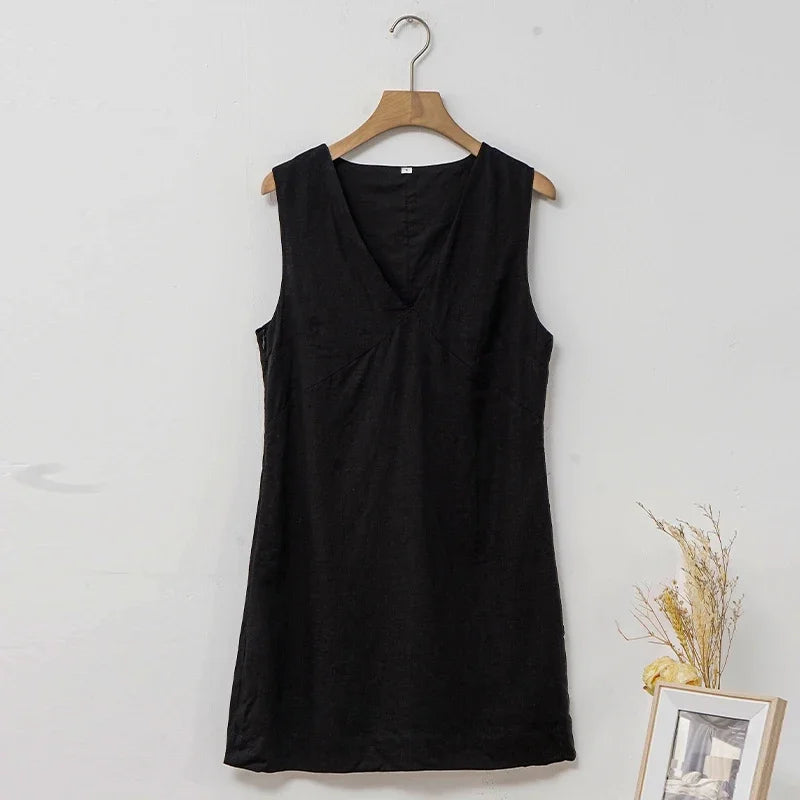 Women's Casual Linen Sleeveless Dress V-Neck Chic Elegant Cotton-Linen Blend Summer Fashion Sexy Chic New Arrival Vestidos