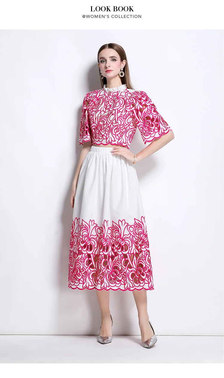 Summer Short Sleeve A-LINE Set Skirt for Women Fashion Ruffled Collar Embroidery Set Skirt Women Vestidos De Verano Mujer Q344