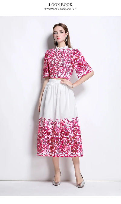 Summer Short Sleeve A-LINE Set Skirt for Women Fashion Ruffled Collar Embroidery Set Skirt Women Vestidos De Verano Mujer Q344