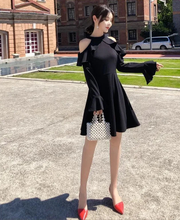 Ruffle Dresses for Women A Line Midi Woman Long Sleeve Dress Y2k Loose Casual Youth Korean Fashion One-piece Sensual Sexy X 2025