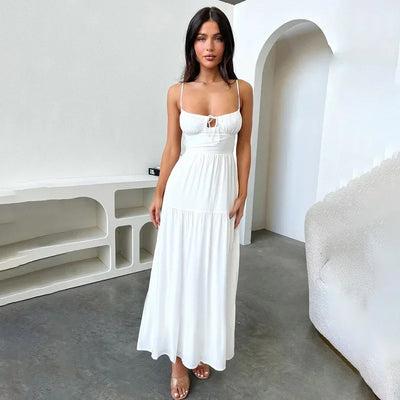 BOOFEENAA Halter Backless Maxi Long Dress Sexy Vacation Outfits White Black Summer Dresses for Women Clothes 2024 C66-CH28