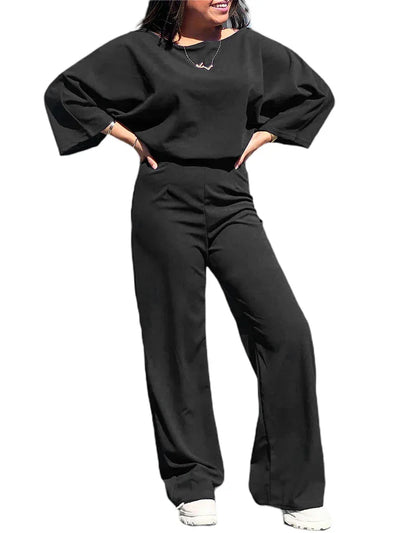 Women Jumpsuits Elegant Solid Color Flare Short Sleeve Waist Tie Wide Leg Pants Romper Summer Streetwear