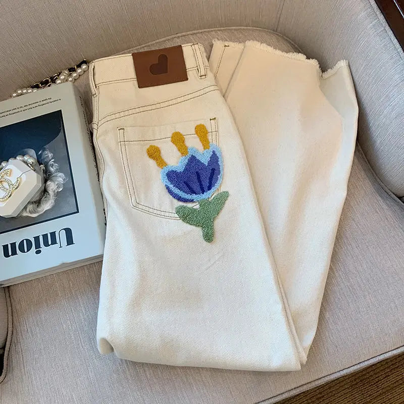 White Jeans For Women Spring High Waist Fashion Flower Design Straight Denim Pants Chic Loose Wide Leg Casual Trousers
