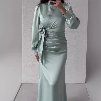 Dresses for Women 2024 Autumn Elegant Fashion Temperament Commuting Long Sleeves Round Neck Skinny Satin Party Evening Dress