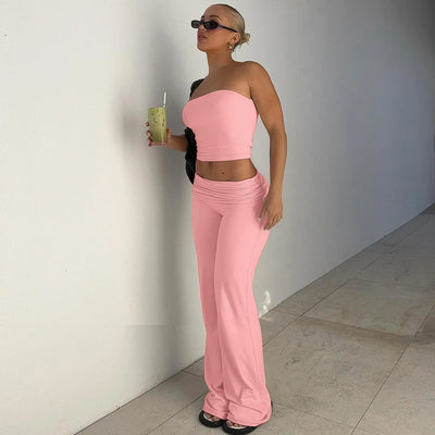 Women's Clothing 2025 Spring Fashion New Item Solid Color Strapless Top Flared Pants Fashionable Slim Fit Sports Suit for Women