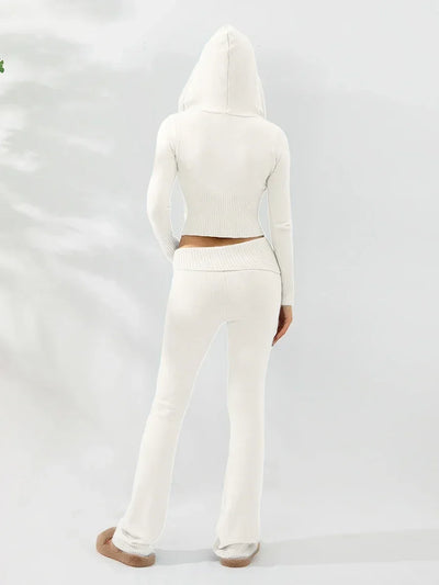 Women Tracksuit  Knit Lounge Set Long Sleeve Zip Up Hoodie with High Waist Wide Leg Pant 2 Piece Sweater Ensemble Casual Set