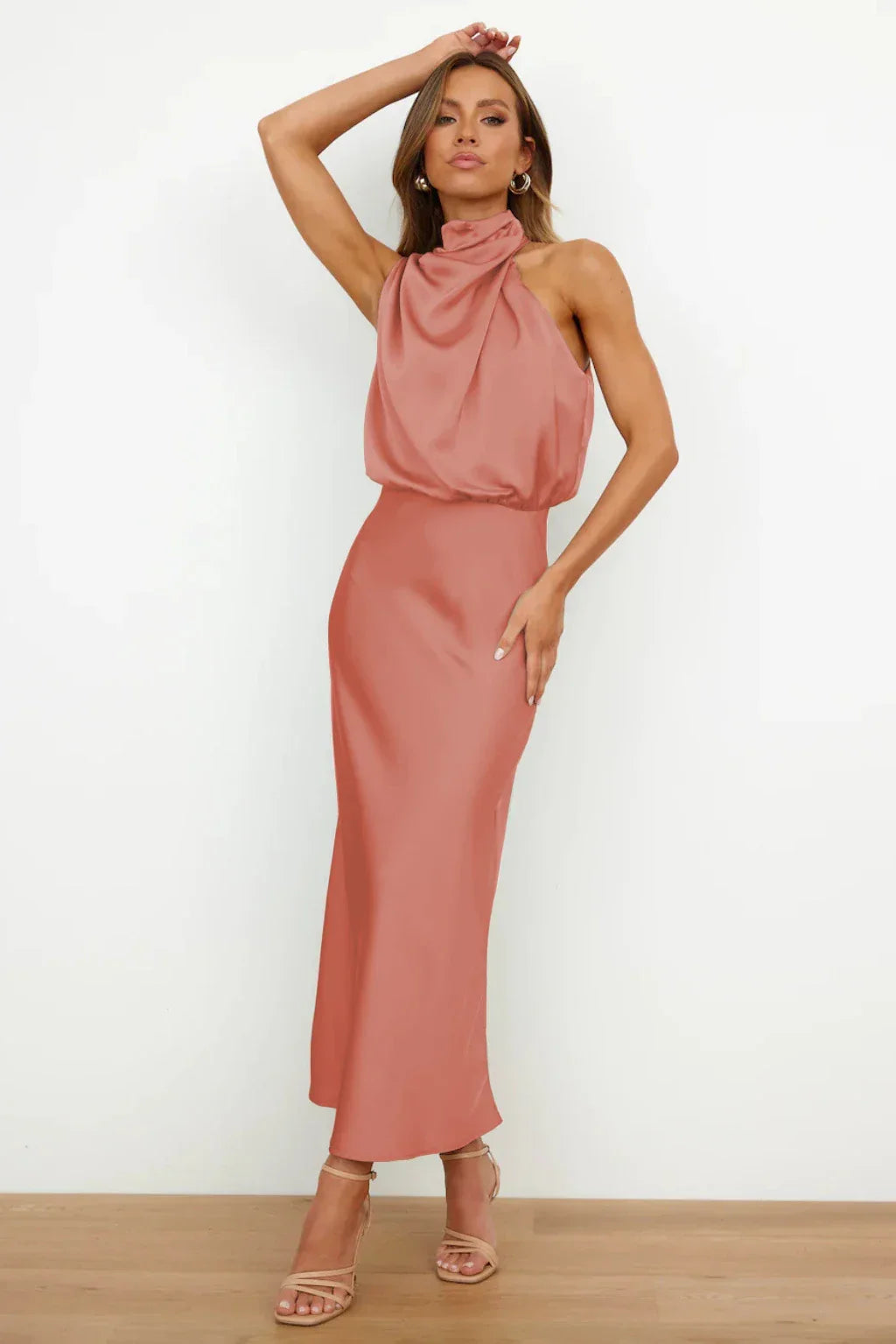 2025 Spring/Summer Long Dress for Women High Waist Halter Satin Sleeveless Dress Fashion Elegant Solid Evening Party Dresses