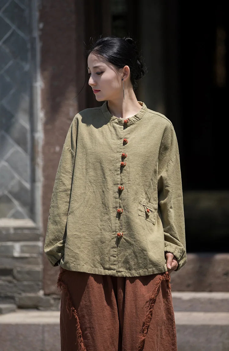 Cotton Linen Women's Literary Vintage Ramie Tops Shirt Women's Patchwork Colour Plate Button Lapel Cardigan Jacket Chinese Style