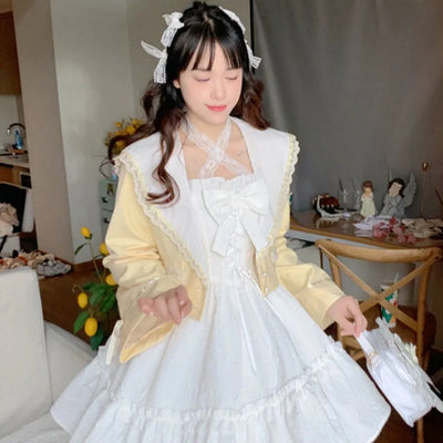 2025 Vestidos De Mujer Cute Summer Dresses for Women Lolita Style Japanese Sweet Robe Femme Bandage Bow Ruffles White Dress