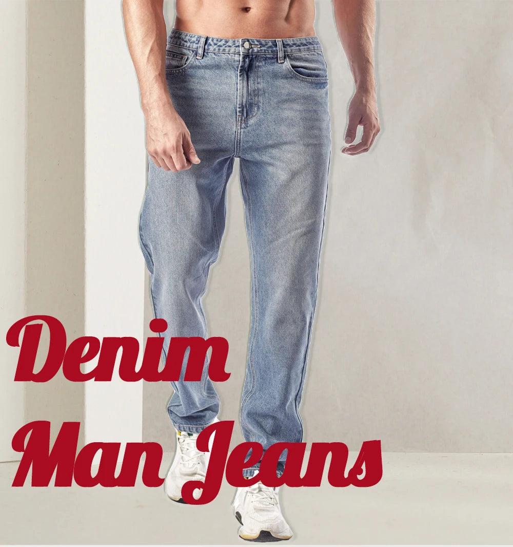 Men's Straight Leg Denim Jeans Male Casual Mid-Waist with Pockets Pants Non-Stretching Outdoor Cotton Fashion Trousers AM-4