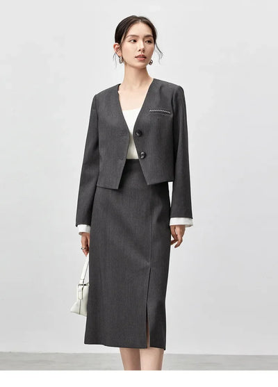 SENTUBILA Two Piece Skirt Sets Women Outfits 2025 Spring Office Ladies V Neck Grey Blazer Jackets Straight Slit Skirt 143Z56241