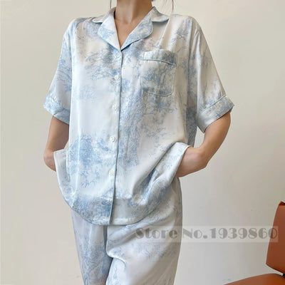 Fashion Elegant Female Pajamas Lounge Wear Set Sexy Print Flower Sleepwear Trouser Suits Spring Summer Loose Satin Home Wear