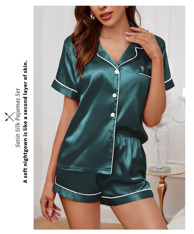 Women's Sleepwear Silk Satin Pajamas Set Button-Down Pyjama Shorts Suit Pijama Femme Loungewear Pj Sets Solid Color Home Clothes