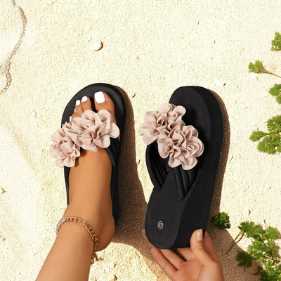 Women's Summer Outdoor Anti-Slip High Heel Sandals Floral Wedge Platform Flip Flops Leisure Style Beach Slippers