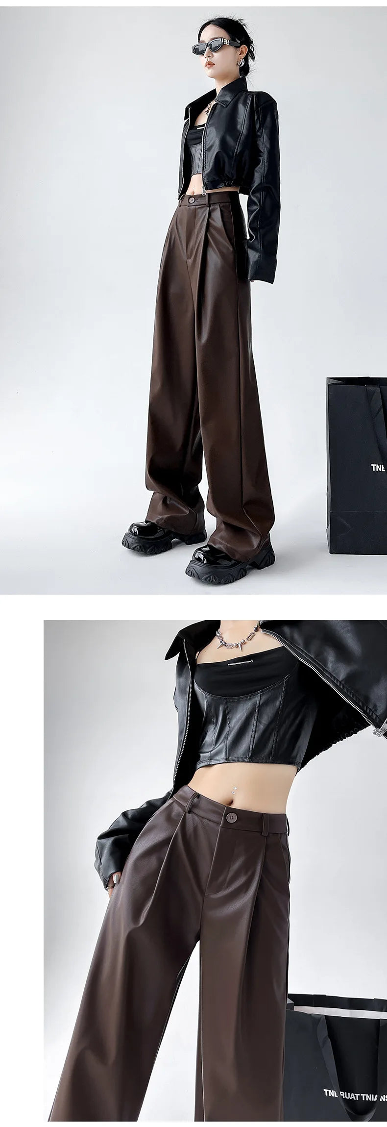 Women's Wide Leg Pants PU Straight Pants Autumn New Fashion Pantalones Mujer Solid Black Brown Leather Pants Women Streetwear