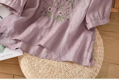 Cotton and Linen V-neck Embroidered Shirt for Women, Summer Thin Style Loose Medium Sleeves Small Shirt Top