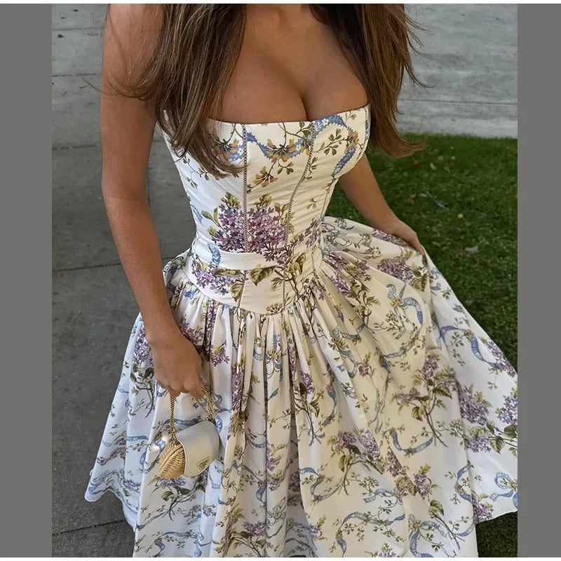 Elegant Women Summer Dresses Floral Printing Strap Backless Sleeveless High Waist Pleated A-line Party Vestidos Chic lady outfit