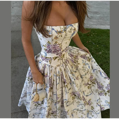 Elegant Women Summer Dresses Floral Printing Strap Backless Sleeveless High Waist Pleated A-line Party Vestidos Chic lady outfit