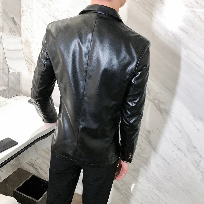 Blazer Hombre PU Leather Jackets Men Fashion Solid Slim Fit One Button Business Casual Blazers For Men Korean style Suit Jacket