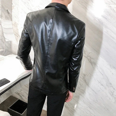 Blazer Hombre PU Leather Jackets Men Fashion Solid Slim Fit One Button Business Casual Blazers For Men Korean style Suit Jacket