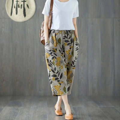 Casual Wide Leg Pants Women Summer Harem Pants for Women Retro Fashion Print Loose Cotton Linen Pants Printed Ankle-Length Pants