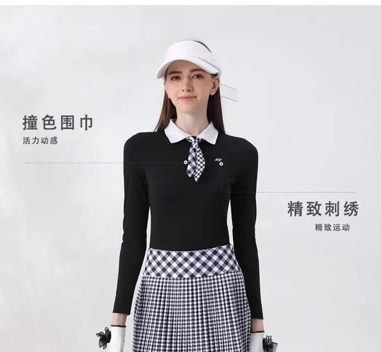 Women's Golfwear for Spring/Autumn Slim-Fit Long-Sleeve Top with Polo Collar and Bow Tie, High-End Golf Hundred-Pleat Skirt Suit