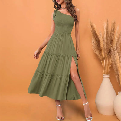 Elegant Dresses For Women Women'S Summer Casual One Shoulder Sleeveless Smocked Elastic Waist Tiered Midi Dress платье