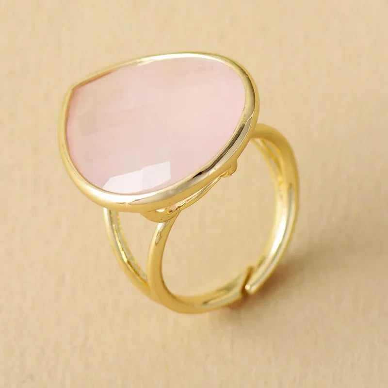 Trendy Waterdrop Big Stone Amethysts Rose Quartz Finger Rings Adjustable Designer Woman Cocktail Ring Wedding Jewelry