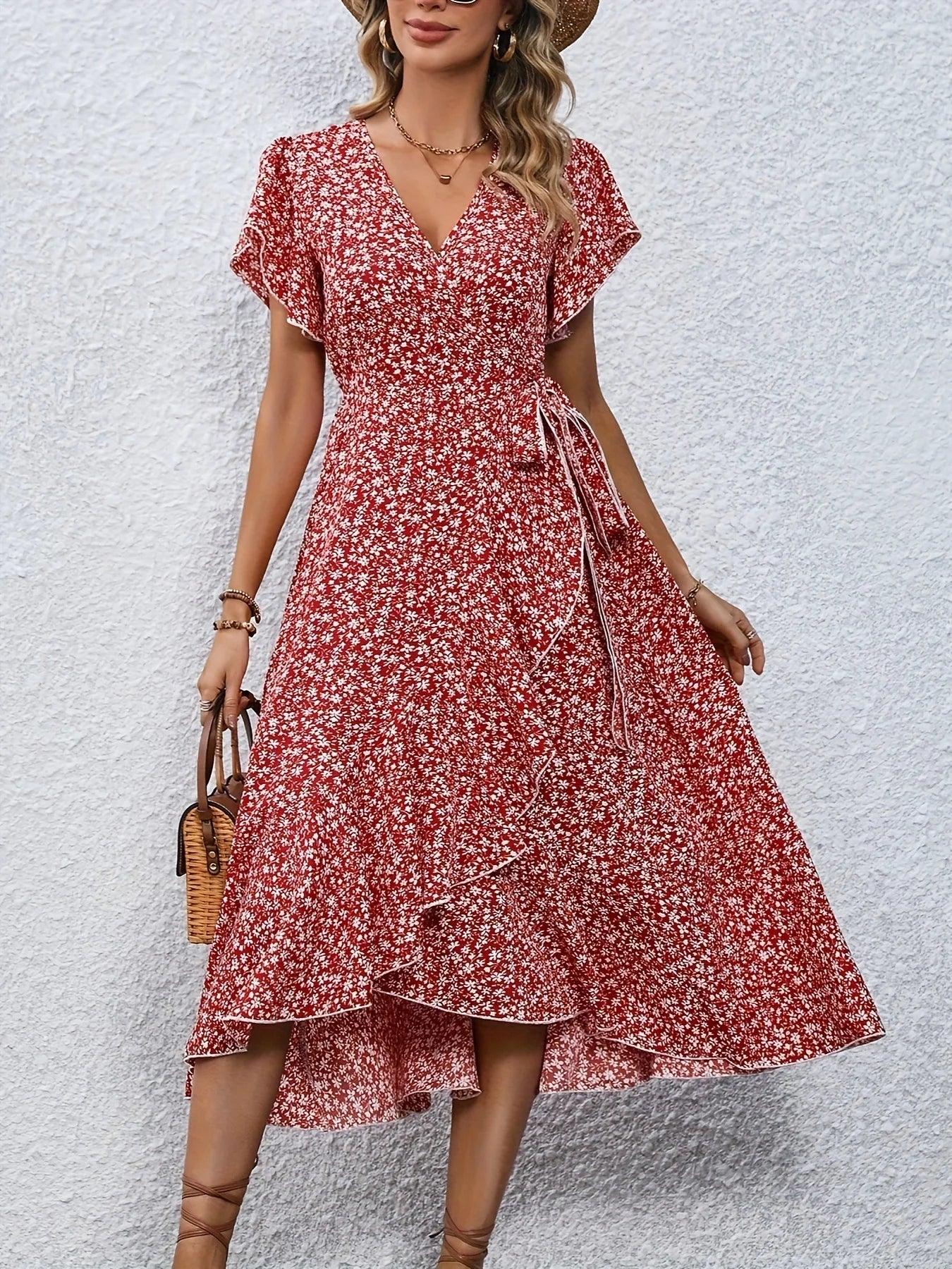 Summer Dresses for Women Sexy V Neck Short Sleeve Irregular High Waist Lace-up Flower Print Dress Casual Beach Dresses