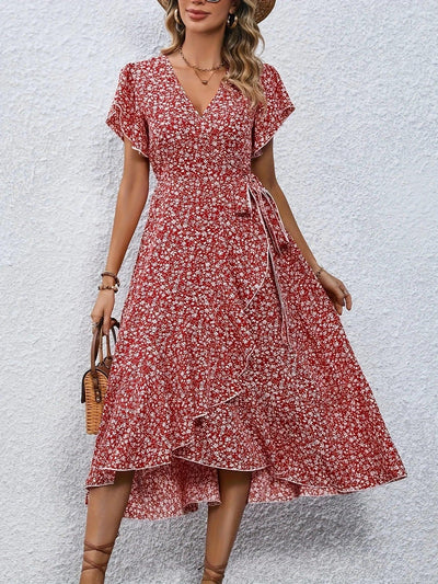 Summer Dresses for Women Sexy V Neck Short Sleeve Irregular High Waist Lace-up Flower Print Dress Casual Beach Dresses