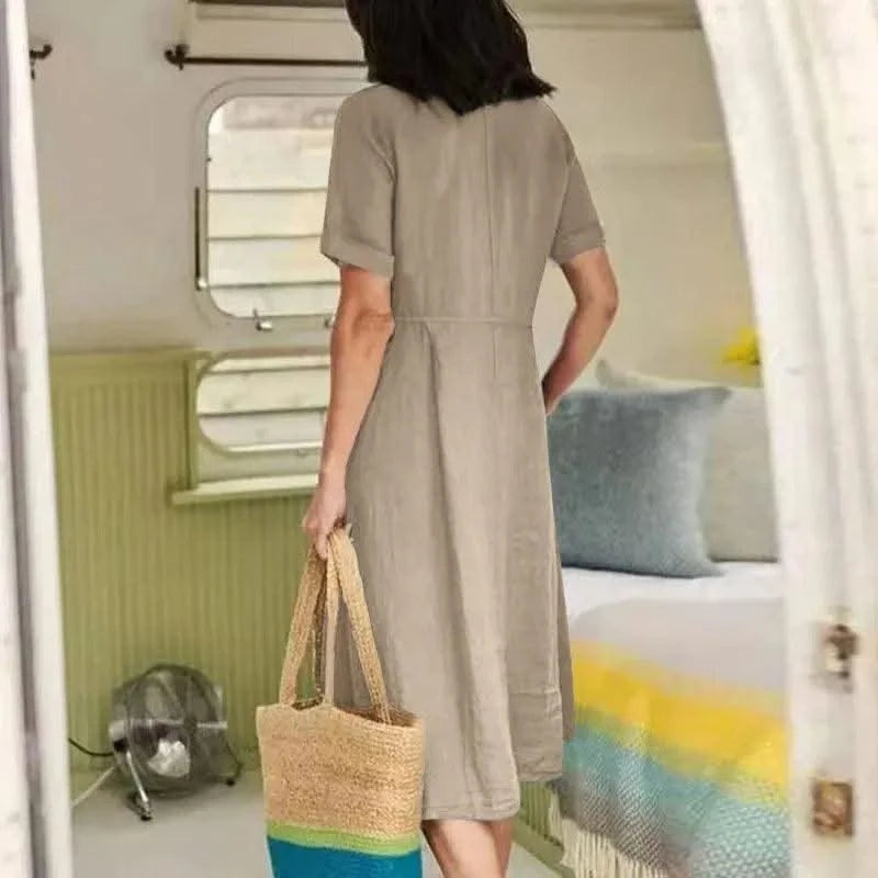 Women's Summer Casual Cotton Linen Midi Dress White  Loose Elegant Green Dresses Vestidos Платье С Декольте Jupe Longue Femme
