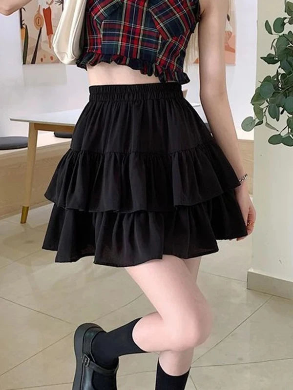 Pleated A-Line Skirt Women White Ruffle Sweet Tierred Pretty Style Skirt Elastic Waist Summer Slim Basic Korean Harajuku Dress