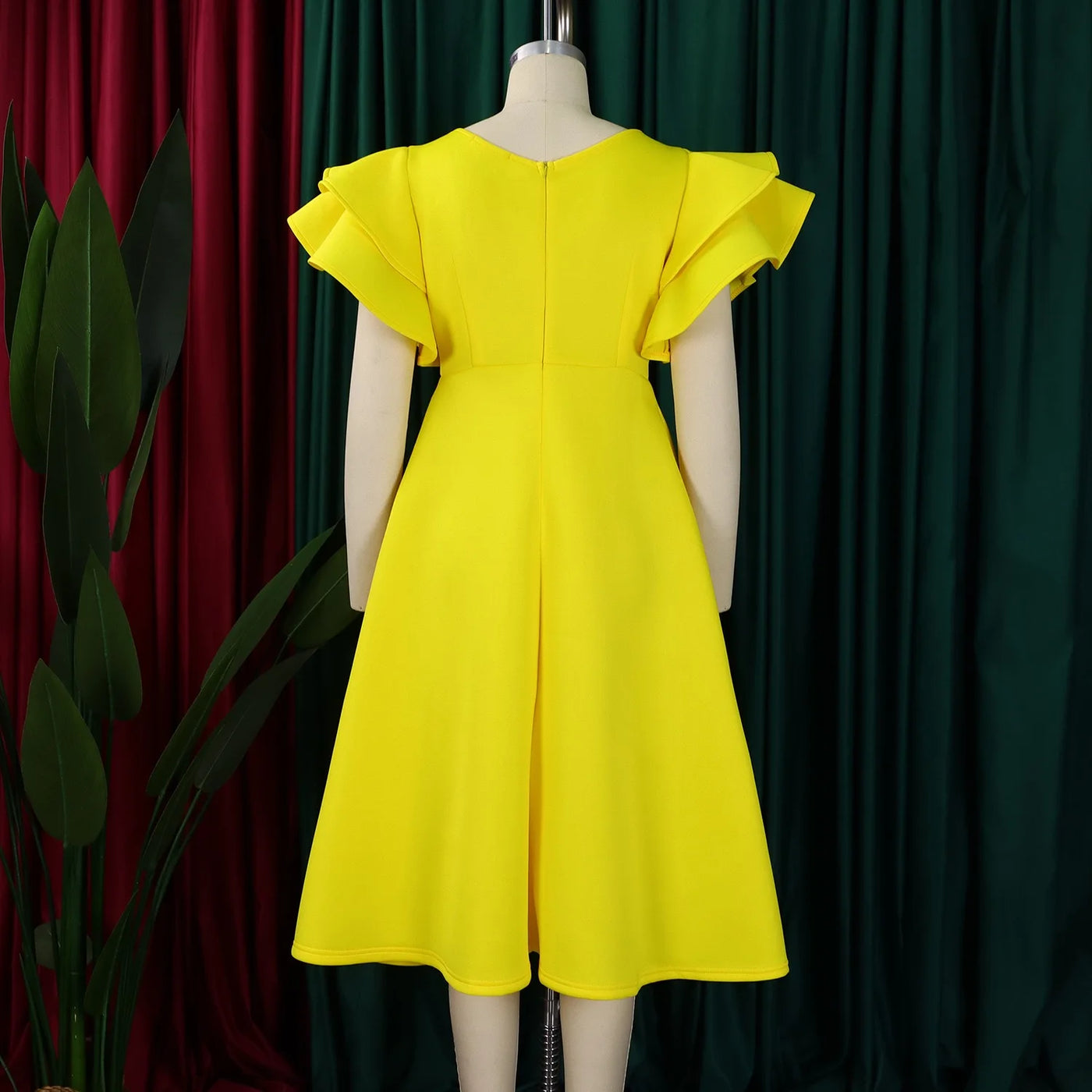 Elegant Party Dresses for Women V Neck Ruffles Sleeve High Waisted A Line Mid Calf Luxury Birthday Dinner Vestidos Mujer Dress